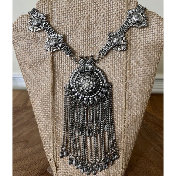 Heavy Tribal Ethnic Statement Gypsy Boho European Choker Necklace Silver Tone - Picture 1 of 9